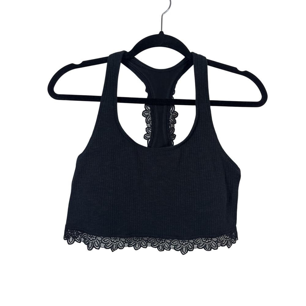 Aerie Racerback Ribbed Lace Cropped Top Crop Top Womens XL Black Lace Trim